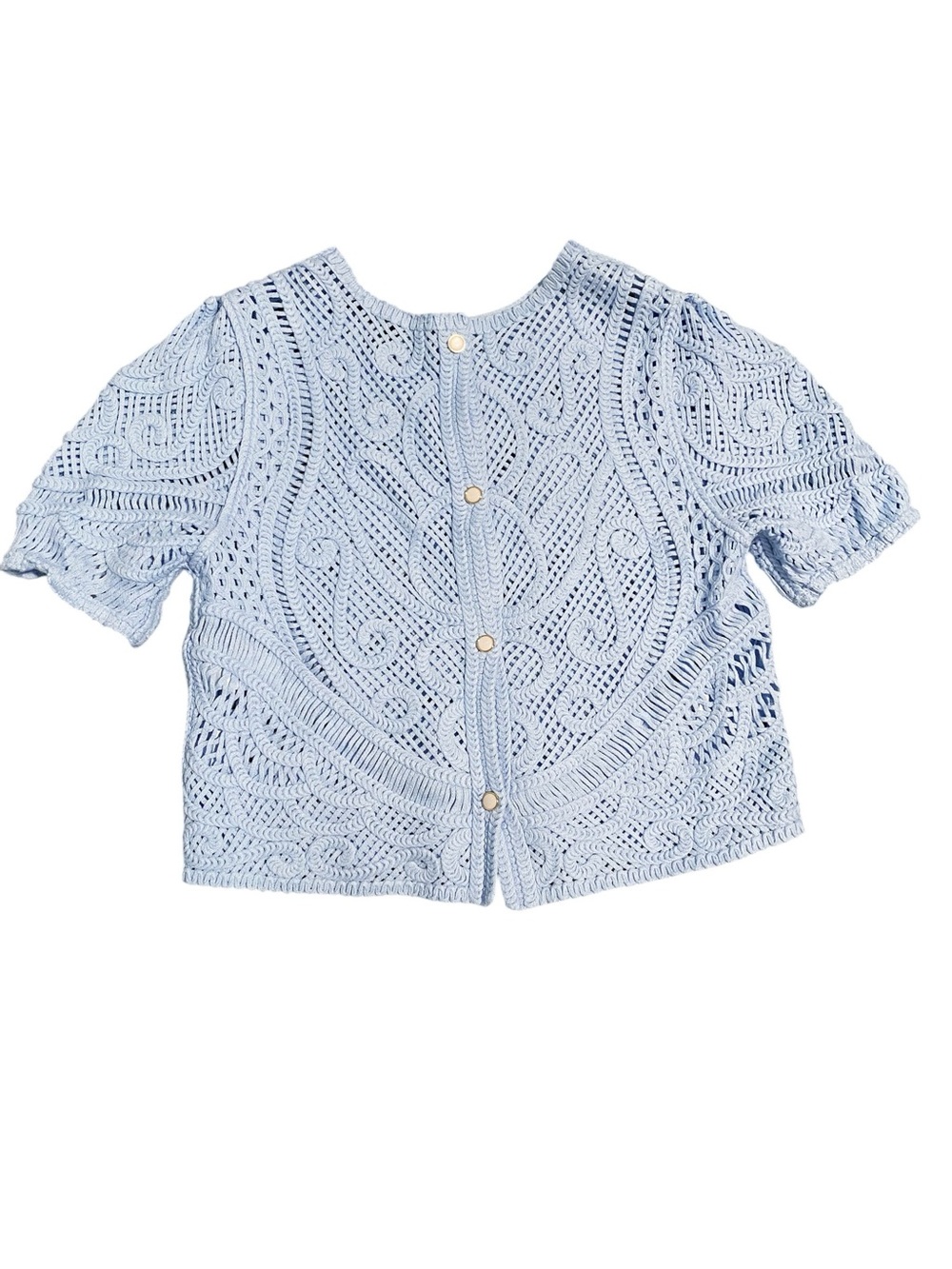 White House Black Market Light Blue Crochet Knit Button-Back Top Size Medium
